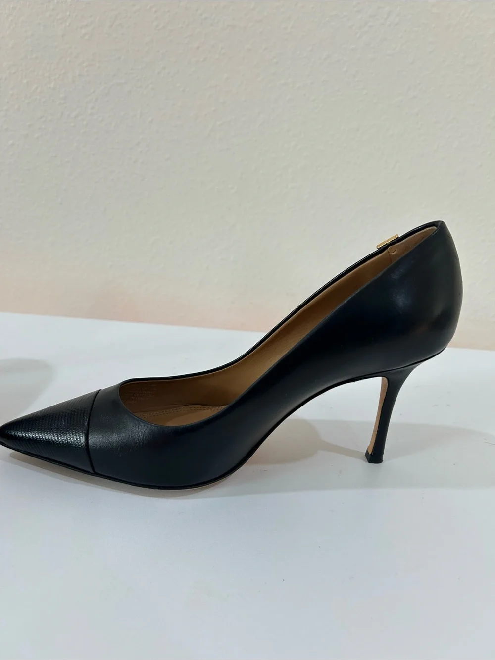 Tory Burch Penelope Heels Cap Toe Calfskin Leather Pumps with Heel Detail, Sz 8
